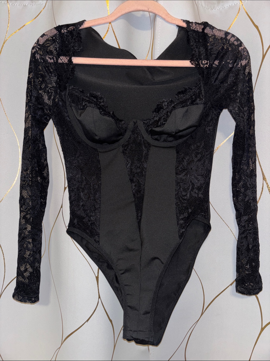 Black Lace Long-Sleeve Bodysuit